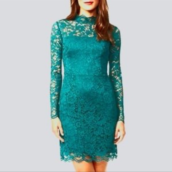 Emerald Green Lace Holiday New Years Eve Long Sleeve Evening Open Back Dress - Picture 16 of 16